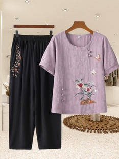 Middle-Aged and Elderly 2024 Grandma Summer Short-Sleeved Suit Cotton and Linen Female Mother Plus Size Summer T-Shirt Old Lady Clothes