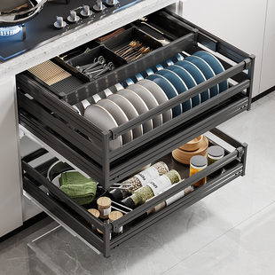 Kitchen Cabinet Pull Basket Double-Layer Aluminum Alloy Pull-Out Storage Dish Rack Drawer-Type Dish Rack Bowl Basket Tool Pull Basket
