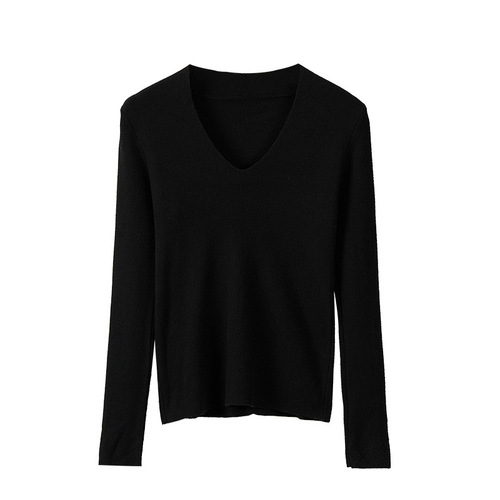 Knitted V-neck Base Layer Top for Women | Elegant & Stunning Innerwear for Suits | Autumn/Winter Seasonal Slim-Fit Long-Sleeve T-Shirt