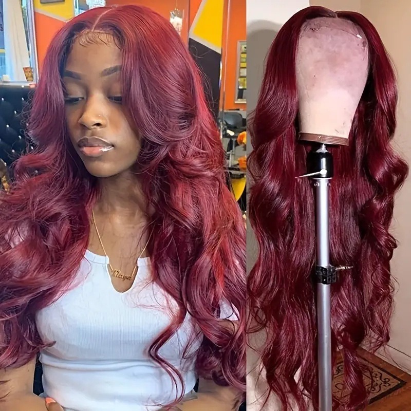 Burgunder Rote Synthetik Lace Front Perücke Mit Body Wave_voghion.com