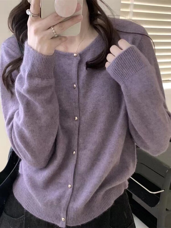 Early Autumn Outfit Retro Pure Wool Knitted Small Cardigan Loose Lazy Short Soft Waxy Purple Sweater Coat Top