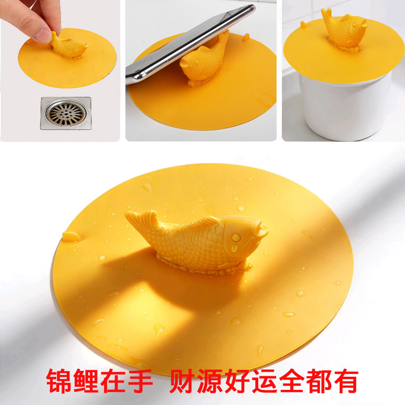 Creative Koi Silicone Drain Cover, Multifunctional Phone Holder, Dust-Proof, Odor-Proof, Insect-Proof, Suitable for Kitchen and Bathroom