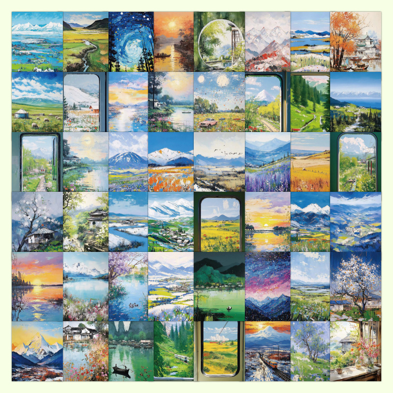 63 oil painting landscape stickers, beautiful moments fixed by oil painting, small clear hand account material decorative stickers