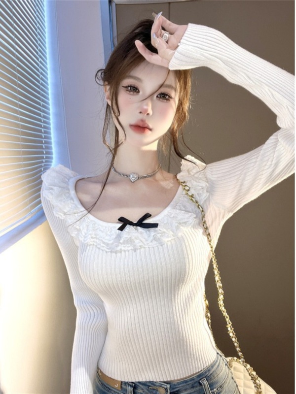 5171#秋冬法式修身短款蕾丝蝴蝶结上衣感针织打底衫女内搭|undefined