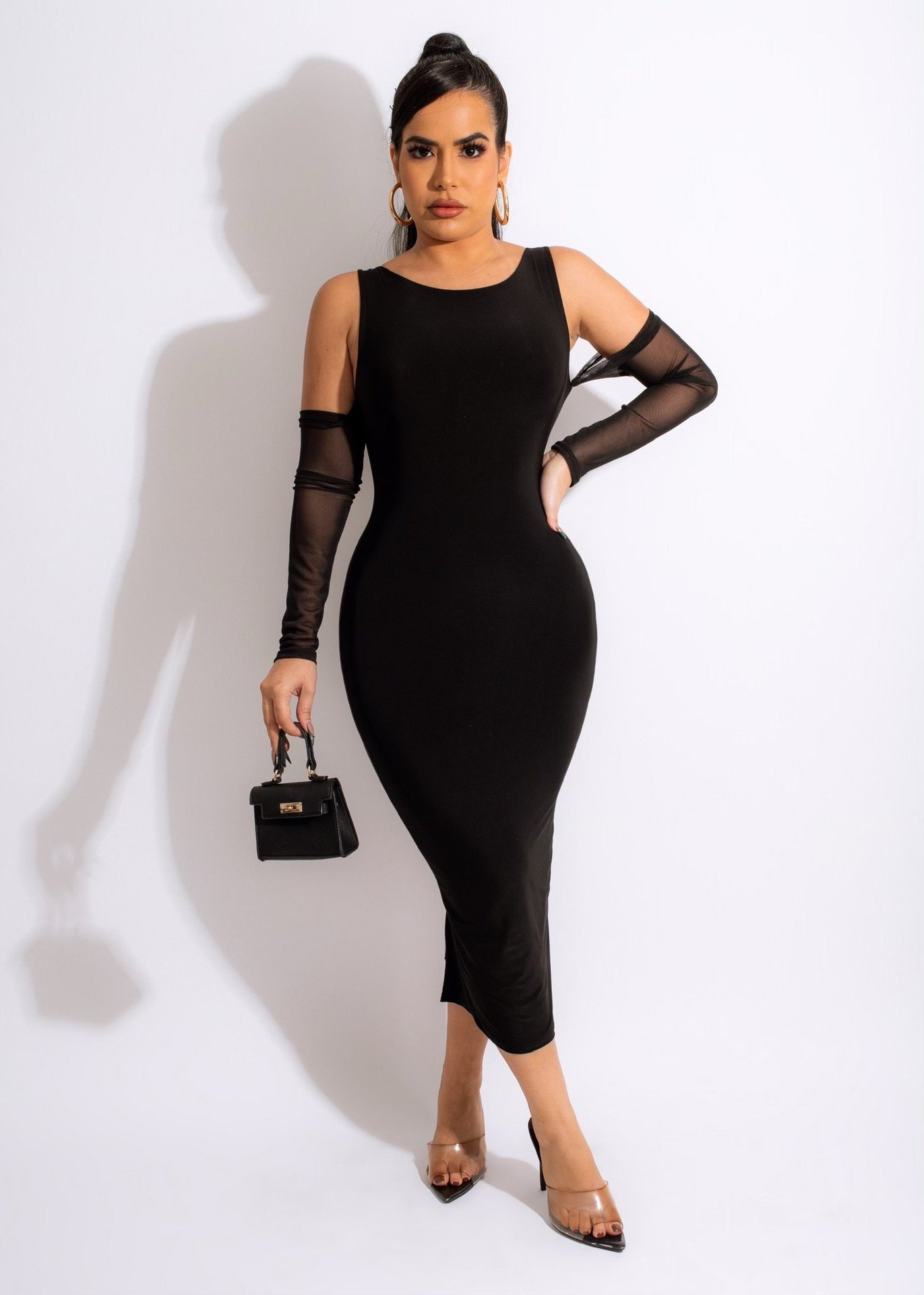 Solid Color Mesh Sleeve Stitching Off-the-shoulder Slit Dress NSLML127512