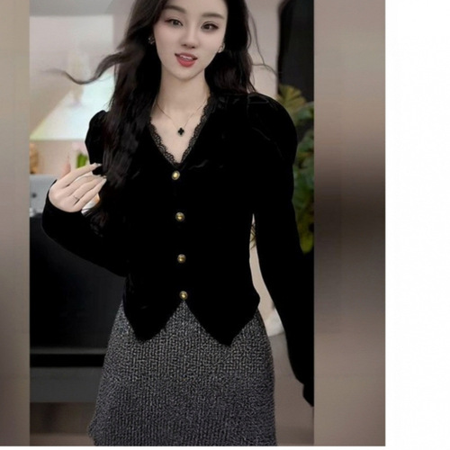 Regular patchwork lantern sleeve hip-hop style lace blouse black niche fashion temperament princess small town small size