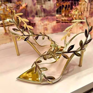 High Quality ~ Designed Golden Branches and Jade Leaves Gold Sandals 2025 Summer Ins Stiletto Pointed Toe Open Toe High Heels for Women