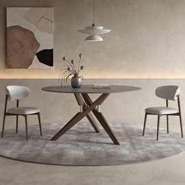 实木圆桌岩板餐桌圆形带转盘现代简约侘寂风白蜡木胡桃色繁枝餐桌