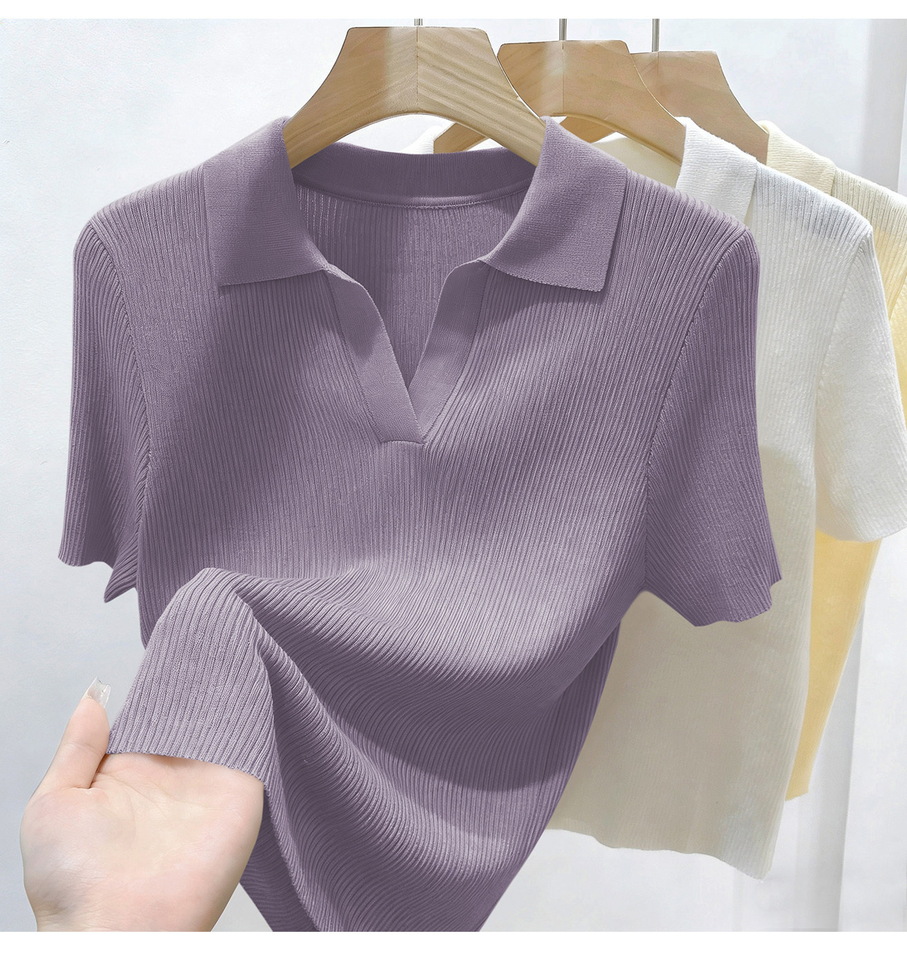 Áo thun nữ cổ polo tay ngắn dáng ôm chất liệu len mỏng mùa hè — màu xanh nhạt chi tiết 7