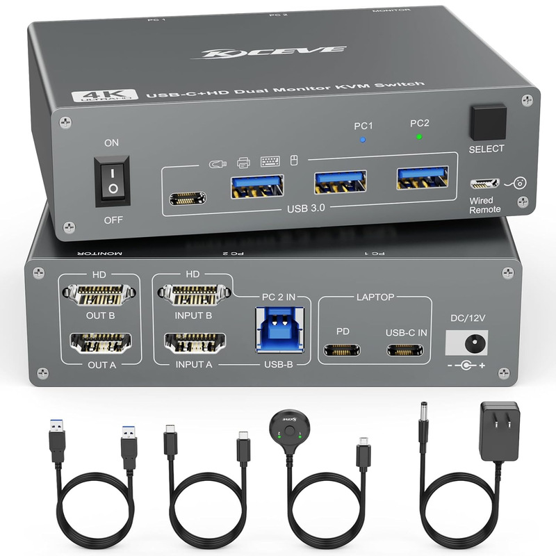 KVM Switch 2 Monitor 2 Computer USB Dual Monitor USB 3.0 USB Type C KVM Switch