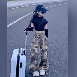 女童迷彩工装裤春秋2024大童新款长裤时髦洋气裤子儿童春秋休闲裤