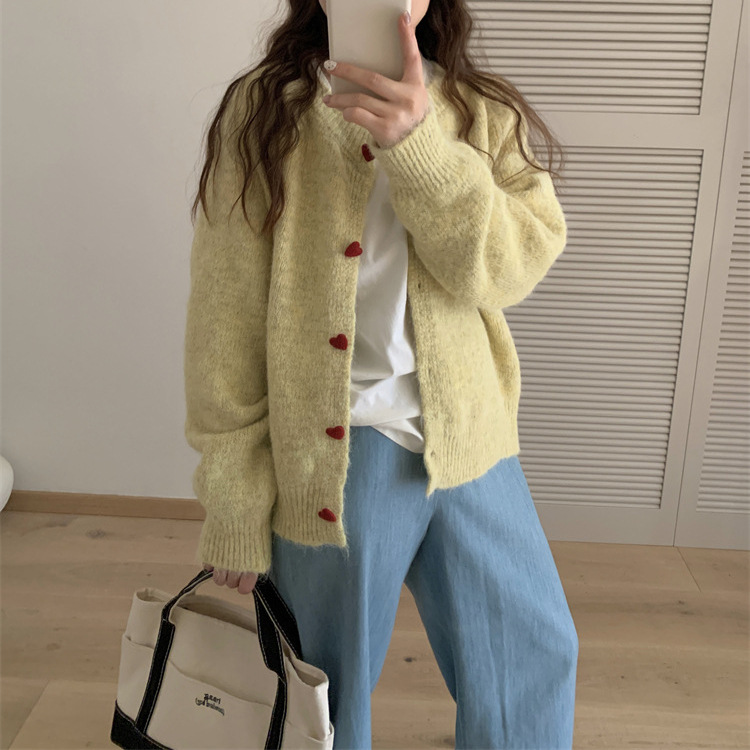 24 invierno Puyuan coreano amor gris botón de punto Cardigan mujeres perezosas viento 2024 otoño invierno