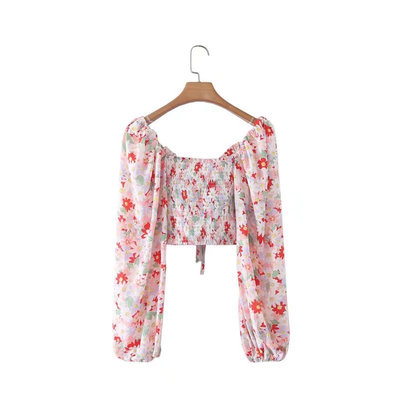 lantern long-sleeved v-neck floral print top  NSXFL118364