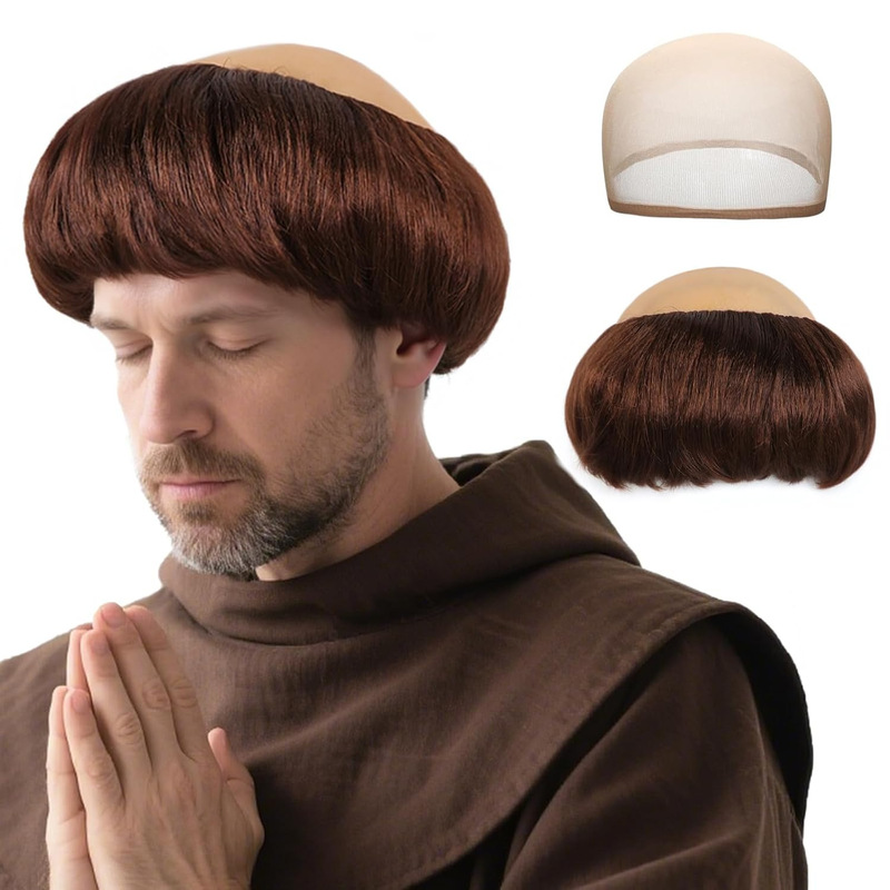 Halloween Bald Wig Jesus Bald Cap Monk Brown Adult Monk Character Costume Short Hair Cross-Border