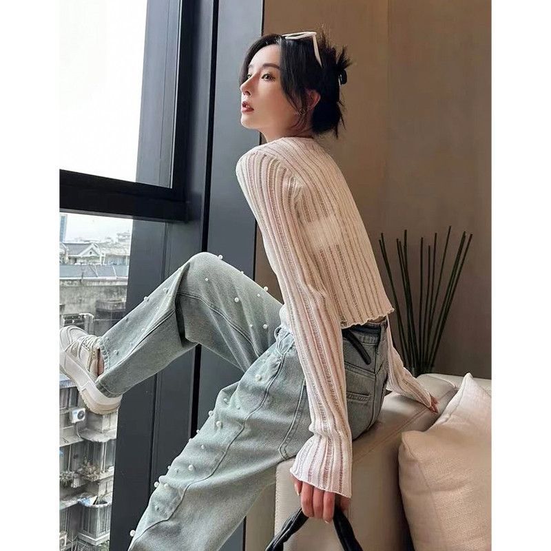 薄款镂空长袖针织衫女春夏季2025新款设计感修身防晒短款t恤上衣|undefined