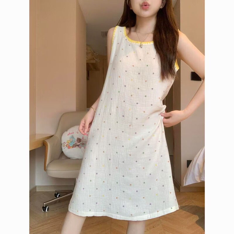 Creamy yellow polka dot floral cloud cotton nightdress for women, tank top with straps, summer sleeveless sleepwear with chest pads, home wear Creamy yellow polka dot floral cloud cotton nightdress for women, tank top with straps, summer sleeveless sleepwear with chest pads, home wear