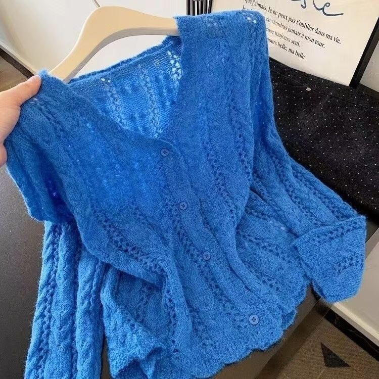 Plus-Size Klein Blue Cardigan Long-Sleeve Hollow-Out Knit Sweater for Women, New Autumn Style, Soft and Slimming, Fashionable Top Plus-Size Klein Blue Cardigan Long-Sleeve Hollow-Out Knit Sweater for Women, New Autumn Style, Soft and Slimming, Fashionable Top