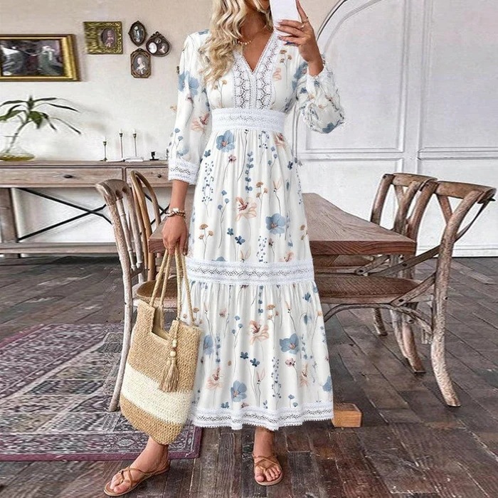 2025 European and American Clothing Amazon Aliexpress Summer Long Digital Printed Long-Sleeved Dress Cross-Border New Style