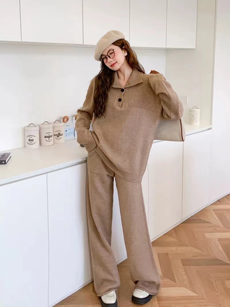 Herbst und Winter neuer Anzug lässiger Pullover Polokragen Strickpullover weite Beinhose zweiteiliges Set für Damen_voghion.com