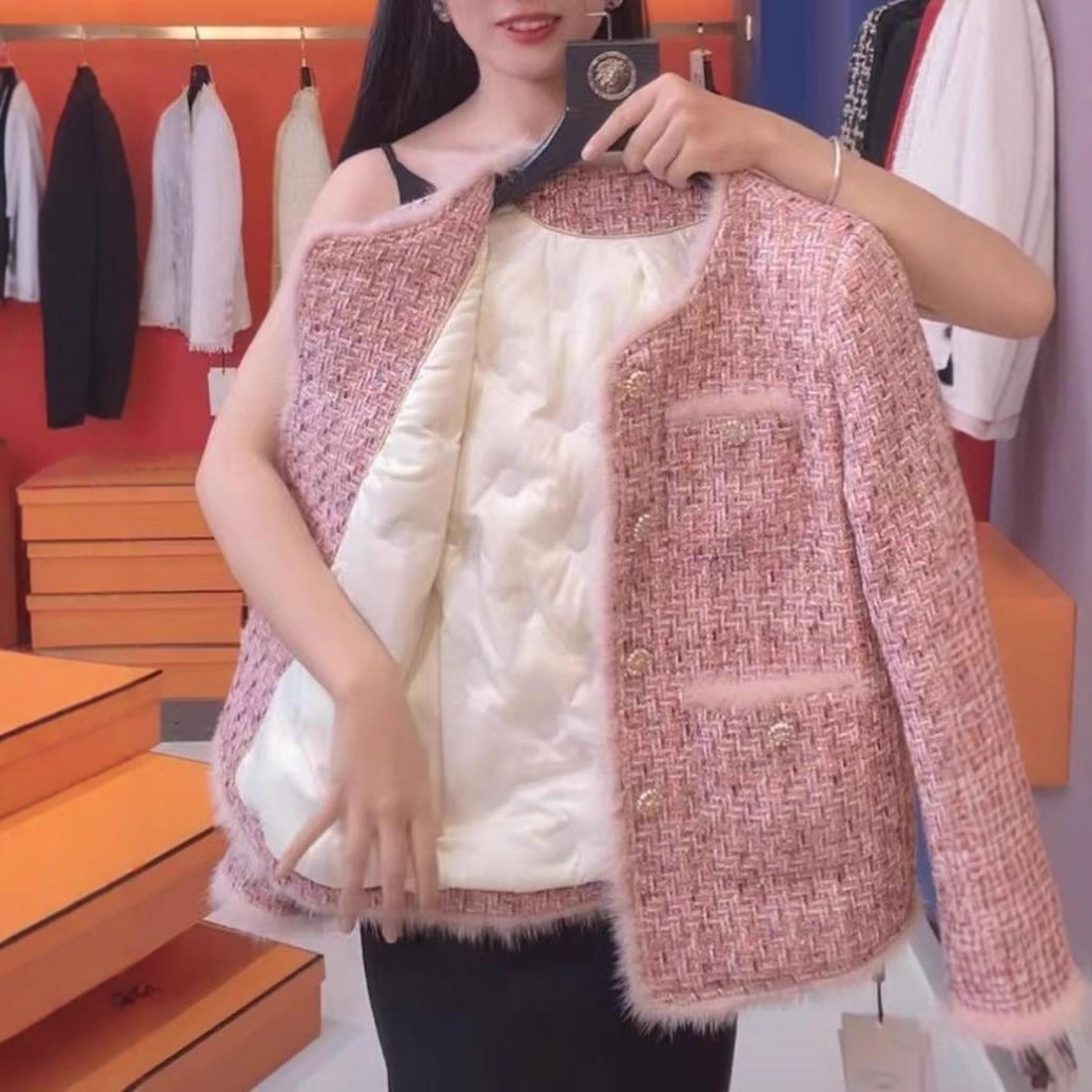 Pink Tweed-Style Thick Coat for Women, Quilted Cotton, Autumn and Winter 2025 New Model, Elegant Lady's Tweed Cotton Jacket, Women's Clothing