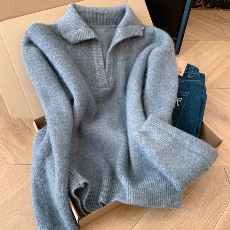 Gray Lapel Long-Sleeved Knitwear for Women, Korean Style Lazy Style Tops That Can Be Worn Outside, Other Default Items