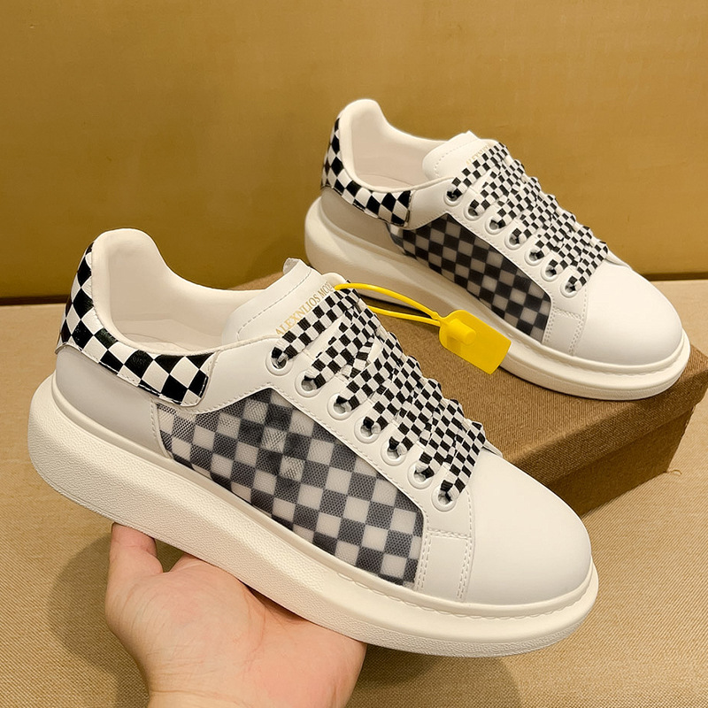 Checkerboard White Leather Casual Sneakers For Men Thick Sole_voghion.com
