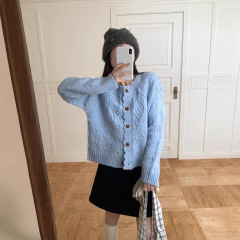 蓝色花边钩花纹针织开衫外套女秋冬新款宽松韩系慵懒毛衣长袖上衣