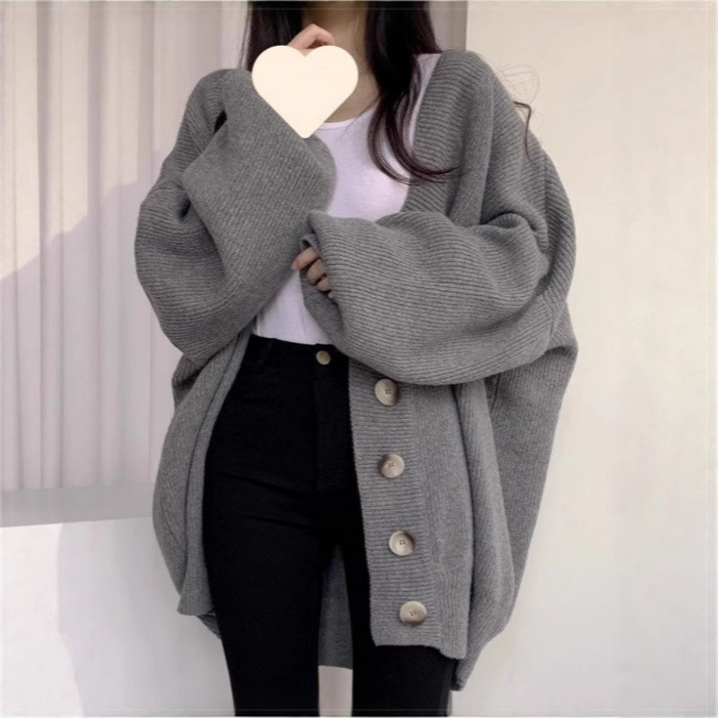 韩国chic秋冬休闲慵懒风V领单排扣宽松灯笼袖针织开衫毛衣外套女