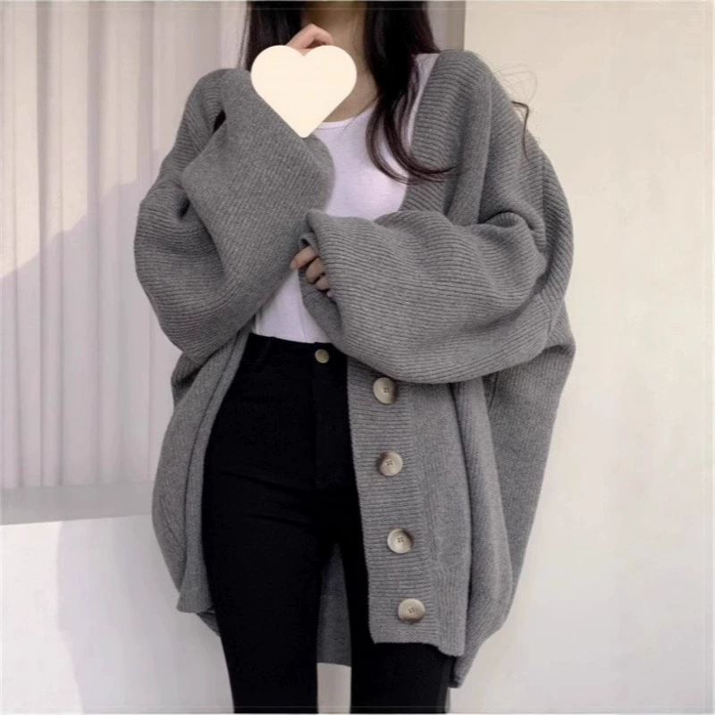 Корейский шикарный осенне-зимний повседневный однобортный свободный вязаный кардиган с v-образным вырезом и рукавами-фонариками для женщин