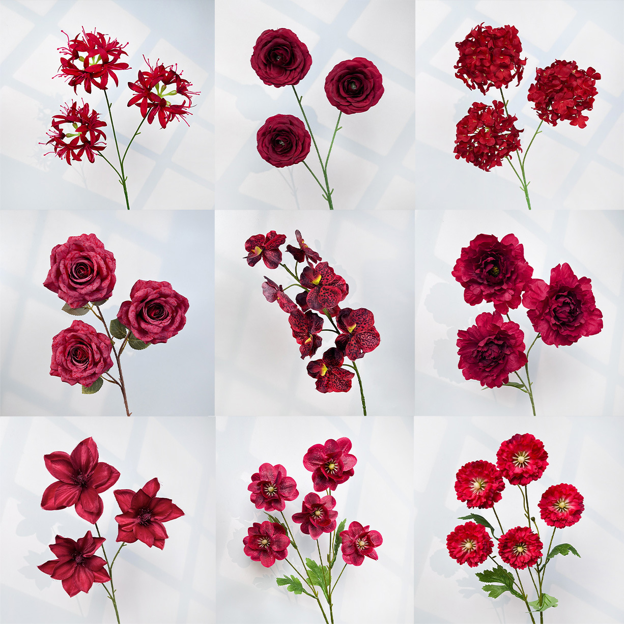 Les fleurs bordeaux sont des fleurs artificielles, la décoration de mariage de l'hôtel, la décoration de la route, la décoration de la fausse fleur rouge, la fenêtre du jardin Monet