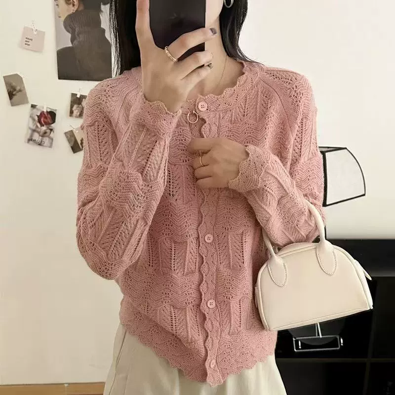 Нежный тяжелый крючок с круглым вырезом из кружева трикотажный кардиган женский свободный свитер с длинными рукавами темперамент куртка фиолетовый