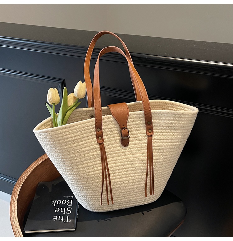 1125g Weight Weave Fashion Element Lock clasp Closure Type Double Shoulder Straps Strap Type Straw Bag Bags Type Casual Occasion cotton rope Material Solid Color Pattern Spring&Summer Season Women's Gender Beach Style Bucket Shape Large Size Women's Large Cotton Rope Solid Color Beach Weave Bucket Lock Clasp Straw Bag 22
