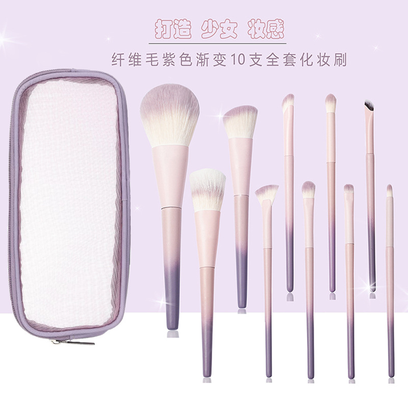 Fenglida 10 sets de cepillo de maquillaje de gradiente púrpura suave no pegue la cara polvo de sombra de ojos blush cepillo al por mayor