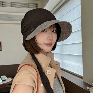 帽子夏季防晒系绳飘带帽女户外旅游棉麻褶皱可调节透气时尚遮阳帽