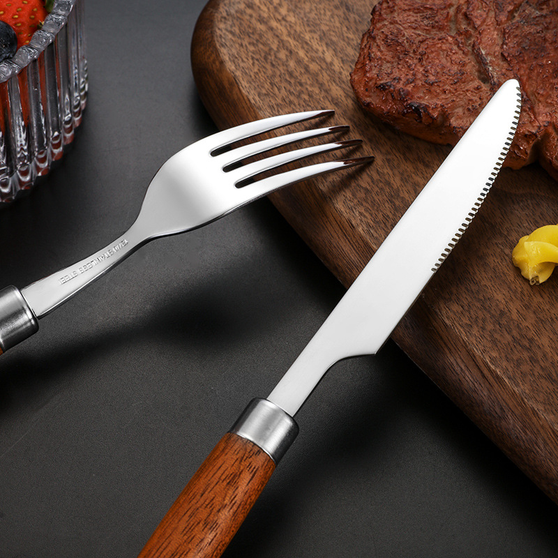 Mango redondo de estilo japonés transfronterizo 304 vajilla de acero inoxidable Sapele mango de madera cuchillo de carne occidental tenedor cuchara de postre conjunto