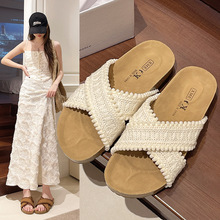 法式凉拖鞋女外穿2025夏季新款复古编织交叉配裙子一字拖博肯女鞋