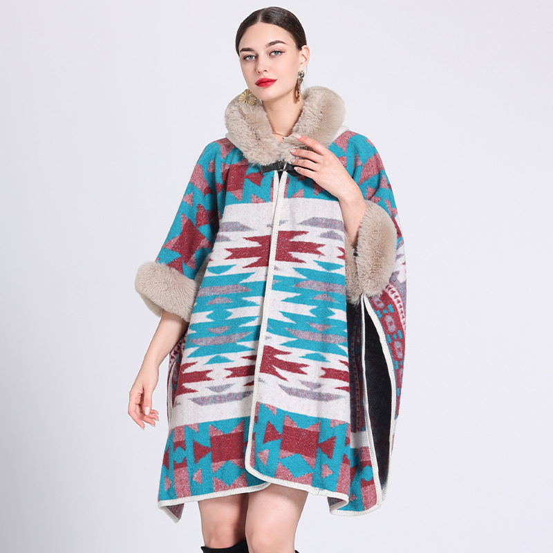 Fur collar hooded cape cape loose jacquard cardigan plus-size woolen coat_voghion.com