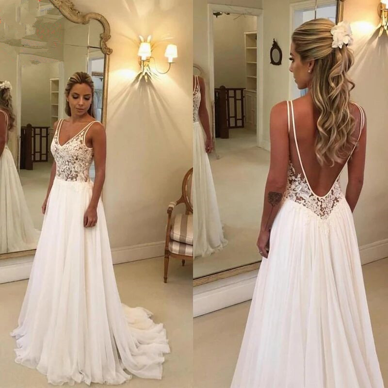 Vestido de Novia de Gasa con Escote Profundo en V, Estilo Europeo y Americano, Nuevo en Amazon y AliExpress, Sin Mangas, Largo, 2024