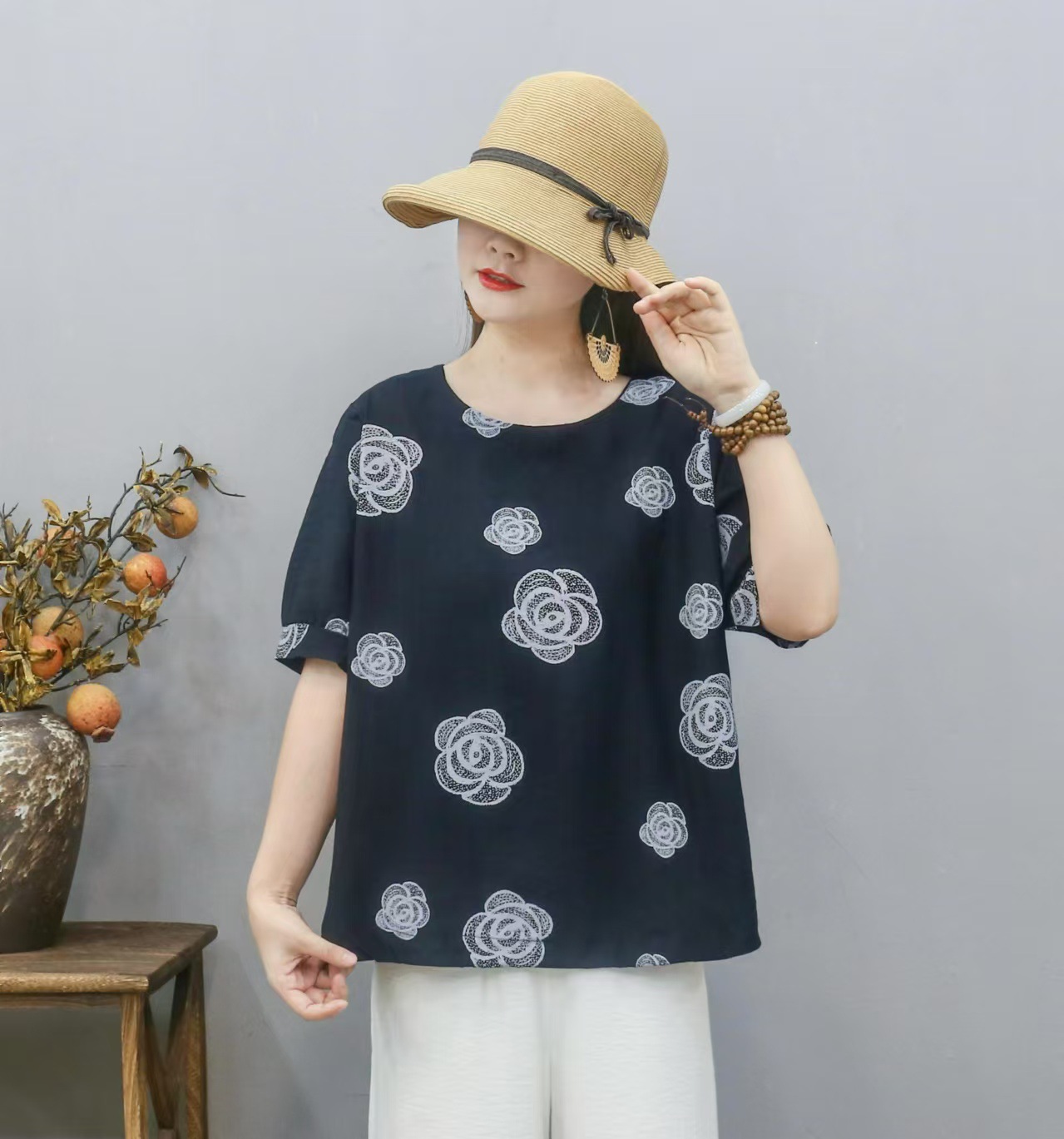 Cross-border nueva camiseta de mujer china impresa camiseta de mujer de manga corta camiseta base de verano overhead cuello redondo artístico ocio image 7