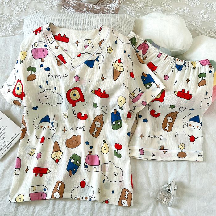 Vietnam transfronterizo al por mayor verano nuevo pijama de algodón con nube con cuello en V pantalones cortos de manga corta para mujer traje de servicio a domicilio para estudiantes de dibujos animados