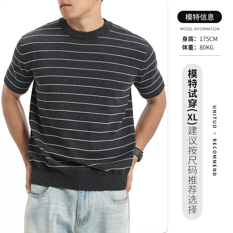 T-shirt de manga corta de punto a rayas de hombre verano de cuello redondo blusa de color contrastante de negocios casual versátil blusa de punto hombre