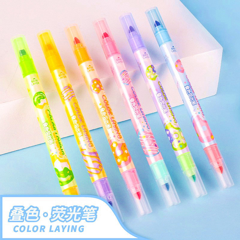 跨境疊色熒光筆雙頭雙色創意魔幻彩色手賬筆學生用多巴胺色記號筆