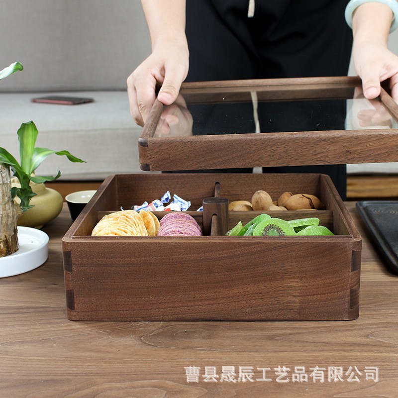 Vintage Nogal Negro caja de frutos secos cubierta de acrílico compartimiento snack caja de madera maciza caramelo melón semillas caja de tuerca