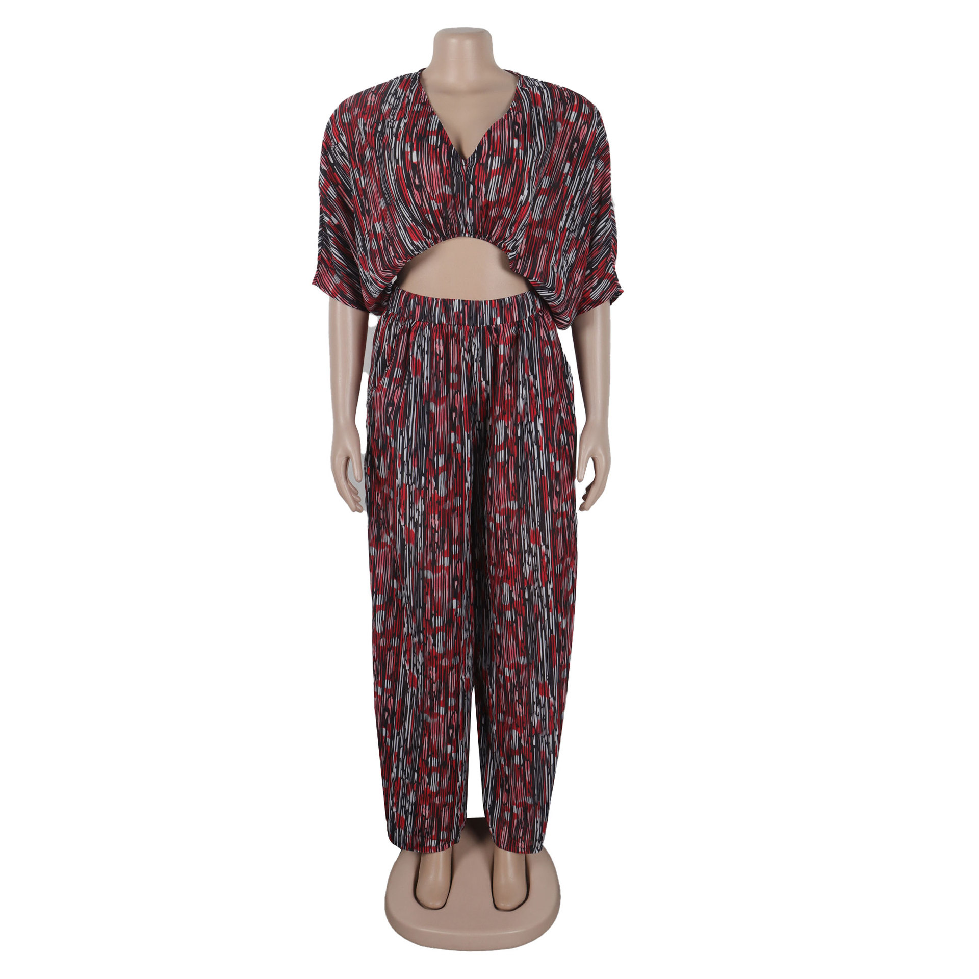 Women Popular Printed Contrast Color V-neck Wide Leg Two Piece Set