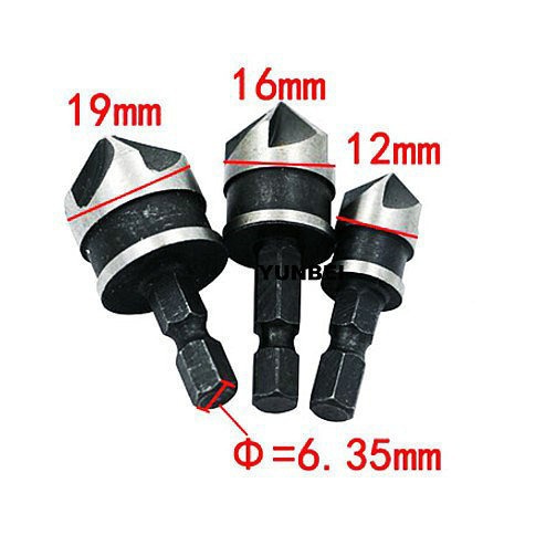 90度五刃镀钛倒角器六角柄木工开孔器锪钻倒角刀三件套12/16/19mm