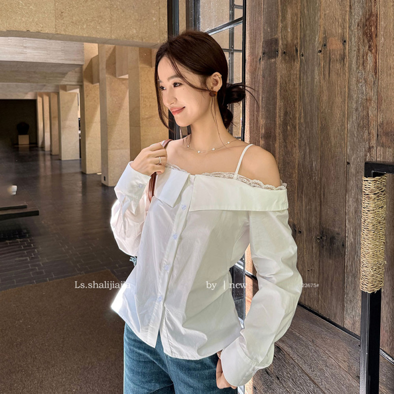 LS 优雅极简蕾丝拼接衬衫上衣 广州十三行2025早秋新品女装22675#|undefined