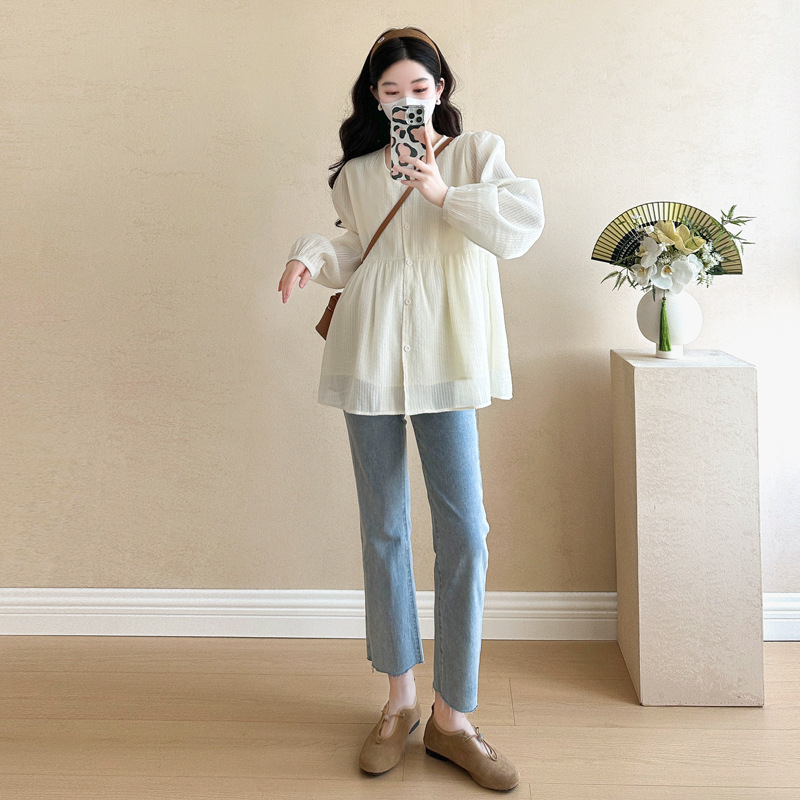 2025春夏服新型新工芸生地韓国版ファッションゆるい妊婦上着ミディアムシャツシフォンシャツ|undefined