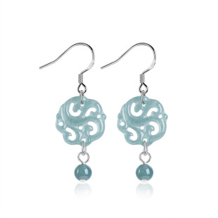 Natural A goods jade blue water antique earrings hollow new Chinese S925 silver ice jade earrings women's earrings