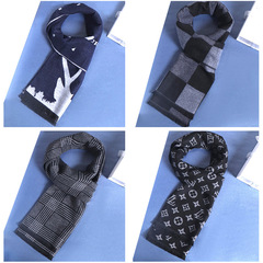 男士围巾 仿羊绒长款围脖男 秋冬季保暖提花格子围巾厂家现货批发