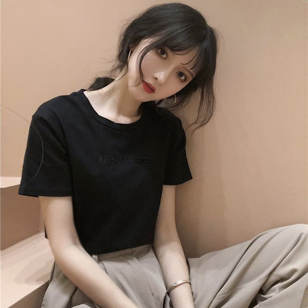 字母刺绣上衣2026夏季新款修身打底女装韩版短袖时尚T恤宽松批发